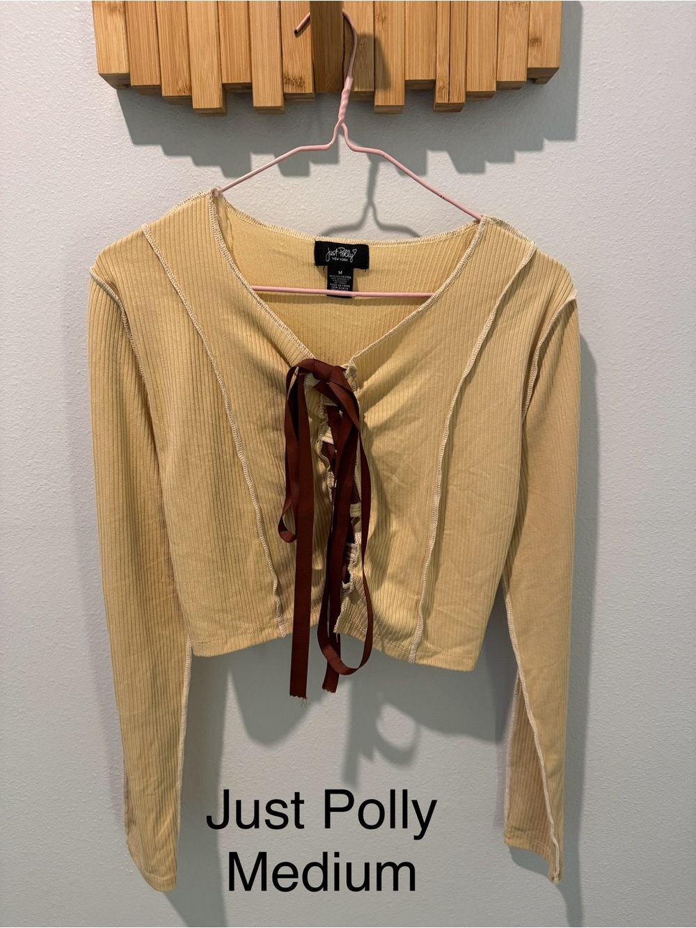 Just Polly Cream Ribbed Lace-Up Cropped Top